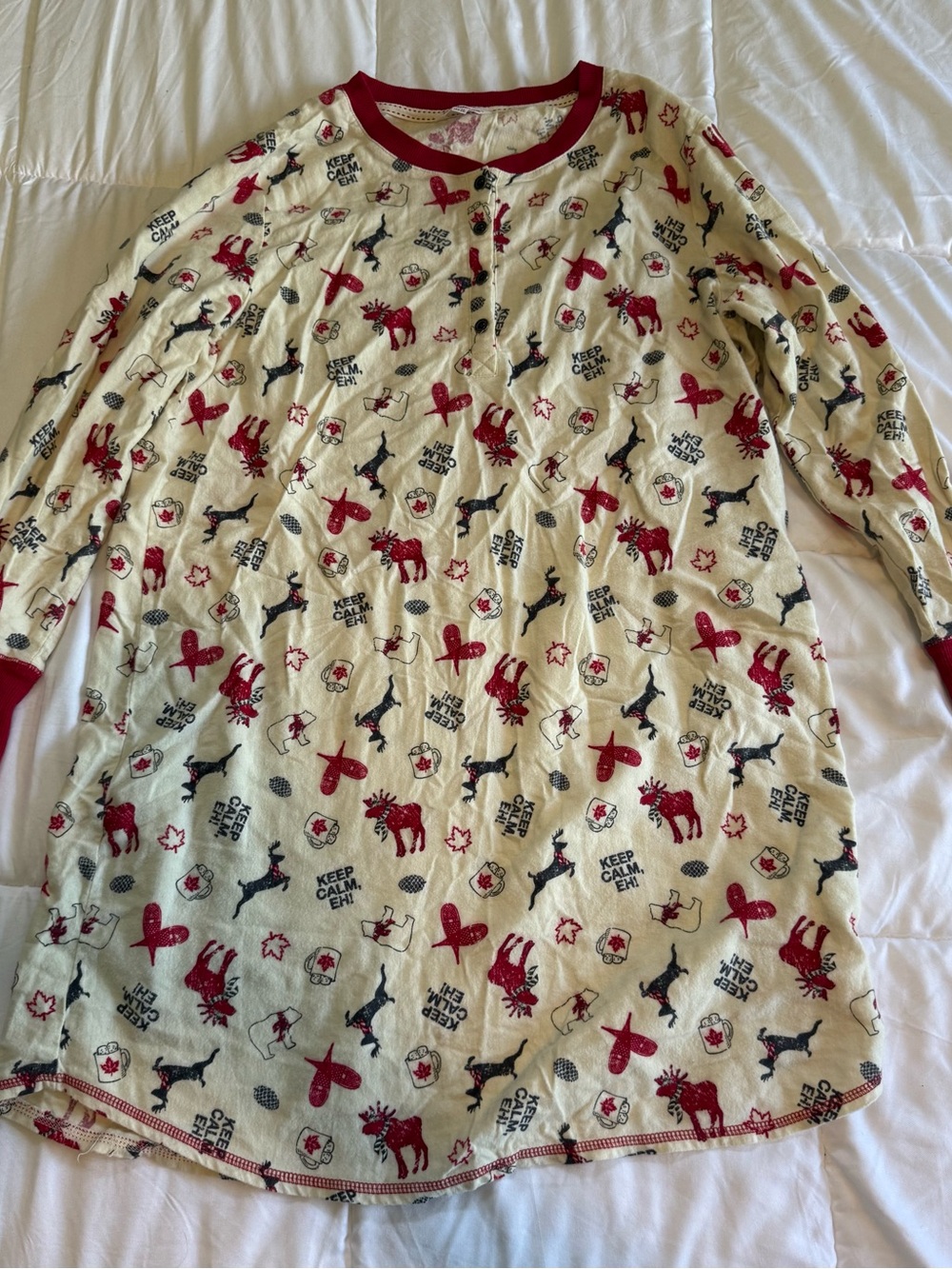 Cozy Women’s Red & Cream Moose-Print Long-Sleeve Nightgown Christmas ladies L